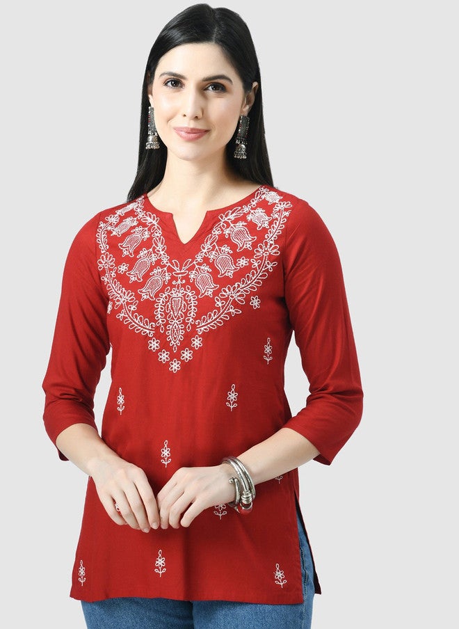QAZMI Floral Embroidered Chikankari Work Kurti - Image 1